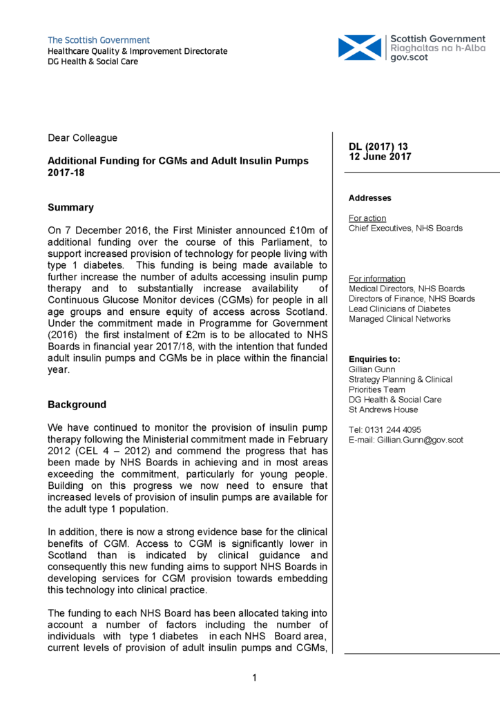 Funding for CGMs and Adult Insulin Pumps 2017-18